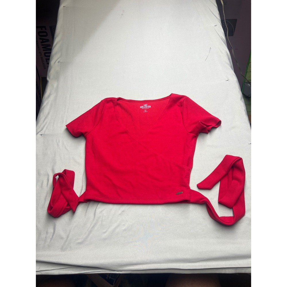 Hollister Red Ribbed Short Sleeve Wrap Top V-Neck Tie Waist Size Small